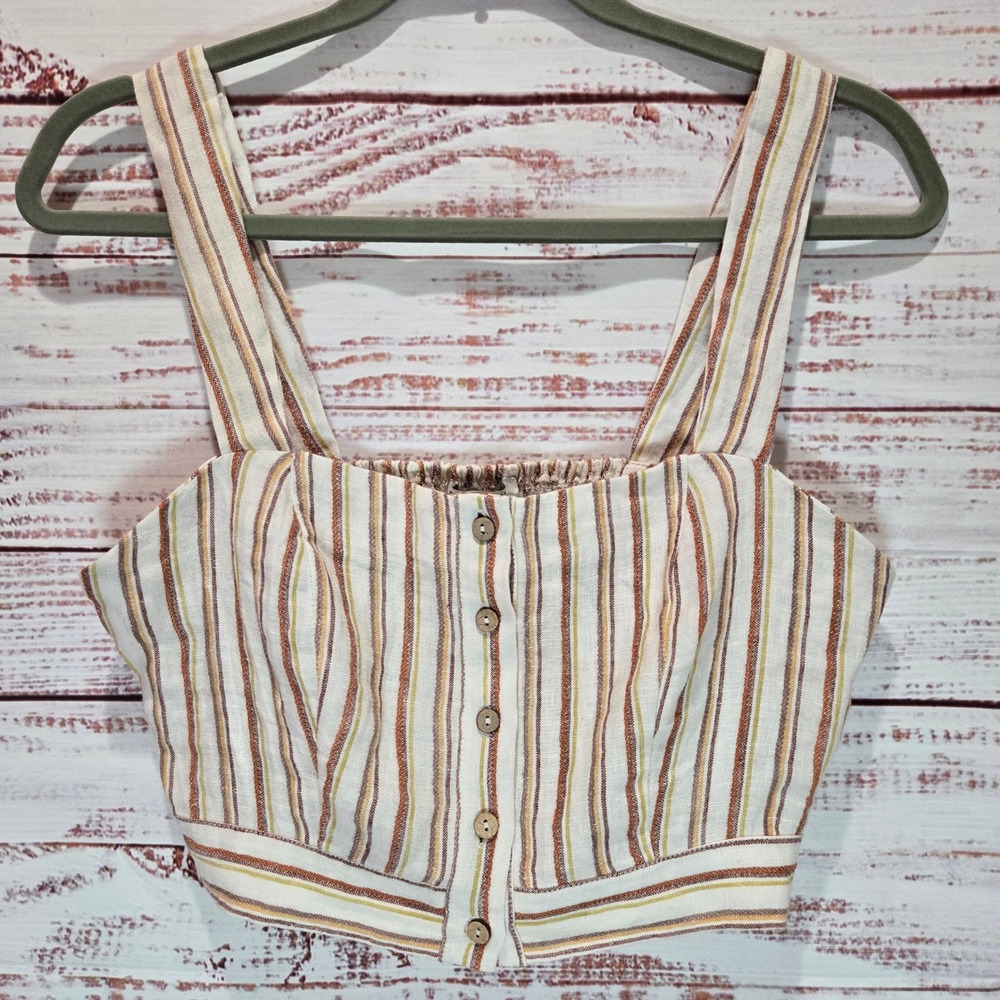 Striped Button‎ Front Crop Top Contemporary NEW Tan Orange Brown Medium Linen